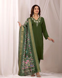 Olive Green Parampara Cotton Kurta Pant Set with Jacquard Dupatta