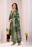 Olive Green Parampara Cotton Kurta Pant Set with Jacquard Dupatta