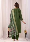 Olive Green Parampara Cotton Kurta Pant Set with Jacquard Dupatta