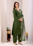 Olive Green Parampara Cotton Kurta Pant Set with Jacquard Dupatta