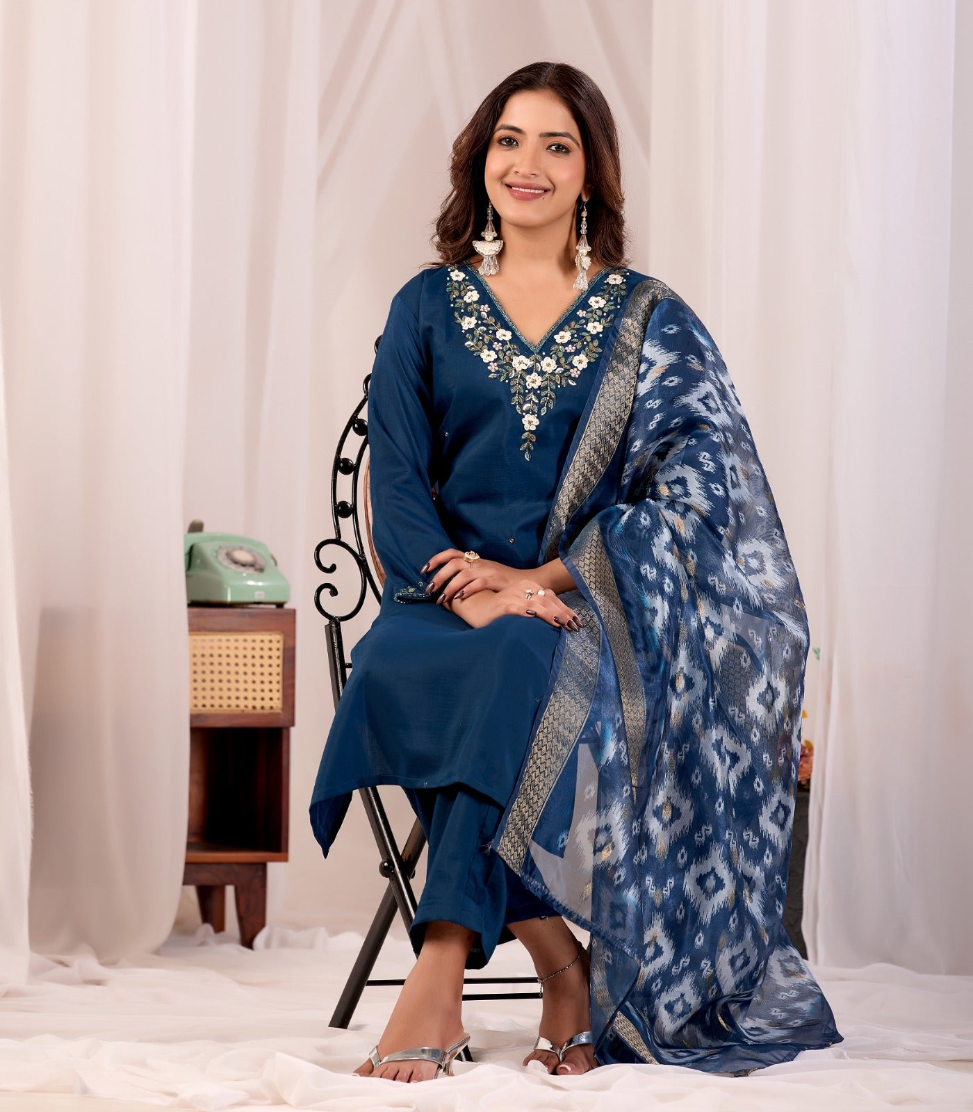 Teal Blue Parampara Cotton Kurta Palazzo Set with Jacquard Dupatta