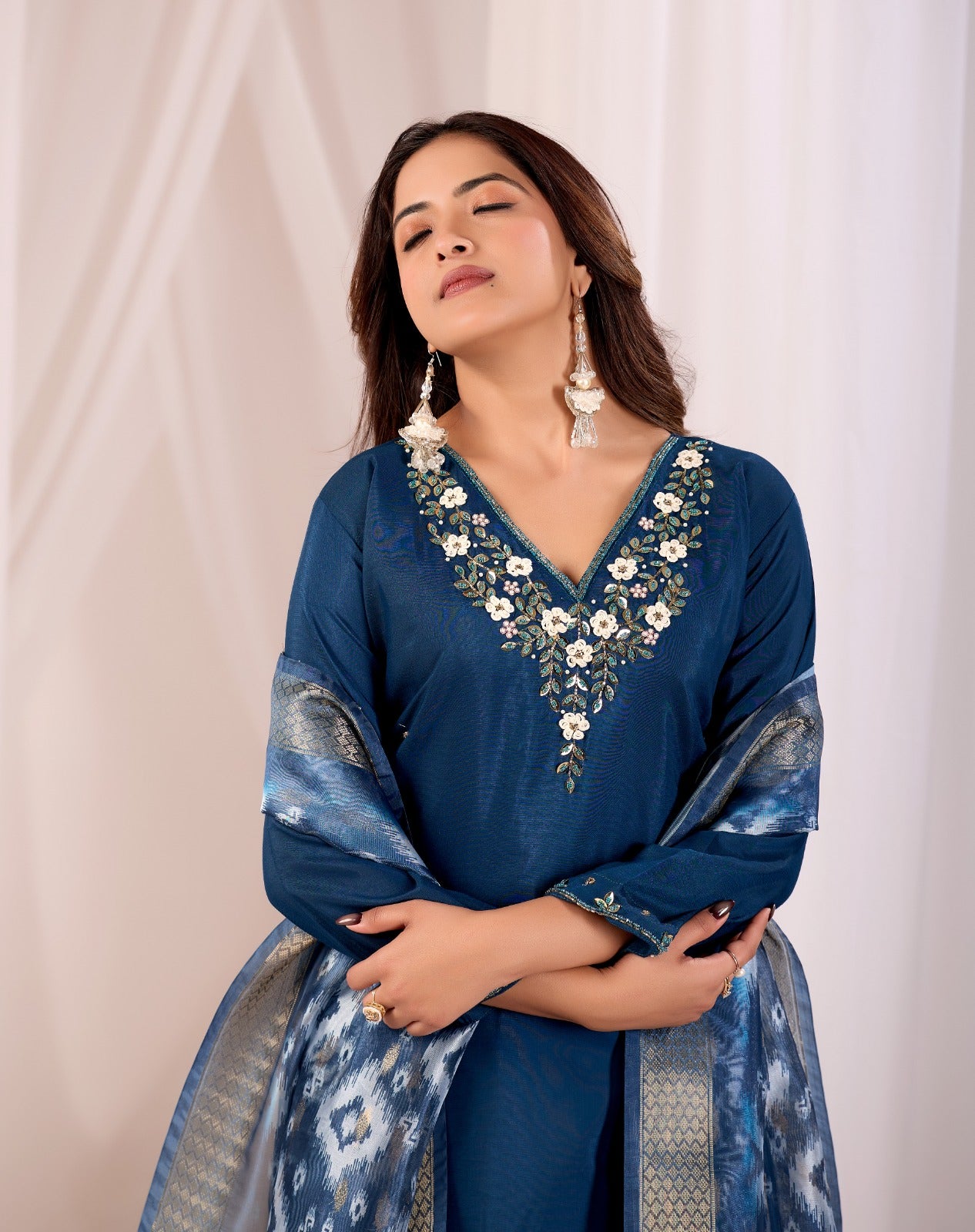 Teal Blue Parampara Cotton Kurta Palazzo Set with Jacquard Dupatta