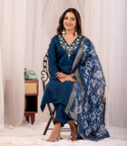 Teal Blue Parampara Cotton Kurta Palazzo Set with Jacquard Dupatta