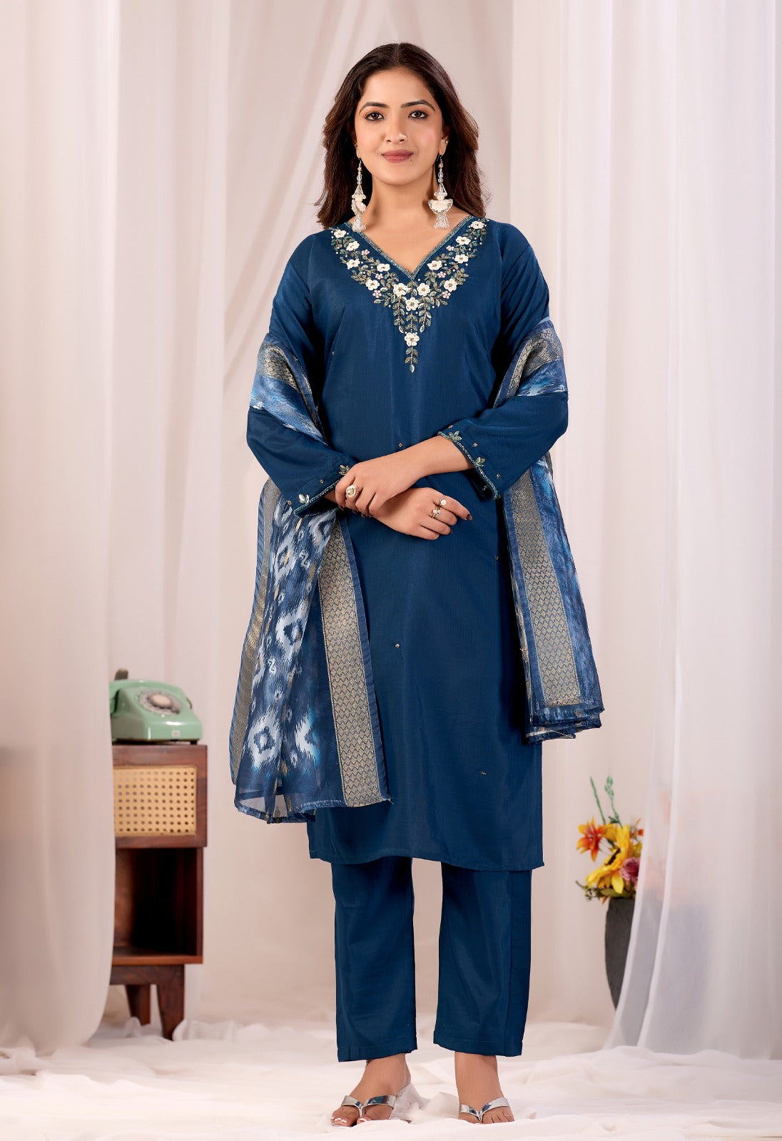 Teal Blue Parampara Cotton Kurta Palazzo Set with Jacquard Dupatta