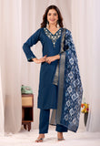 Teal Blue Parampara Cotton Kurta Palazzo Set with Jacquard Dupatta