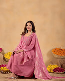 Rose Pink Parampara Cotton Kurta Palazzo Set with Jacquard Dupatta