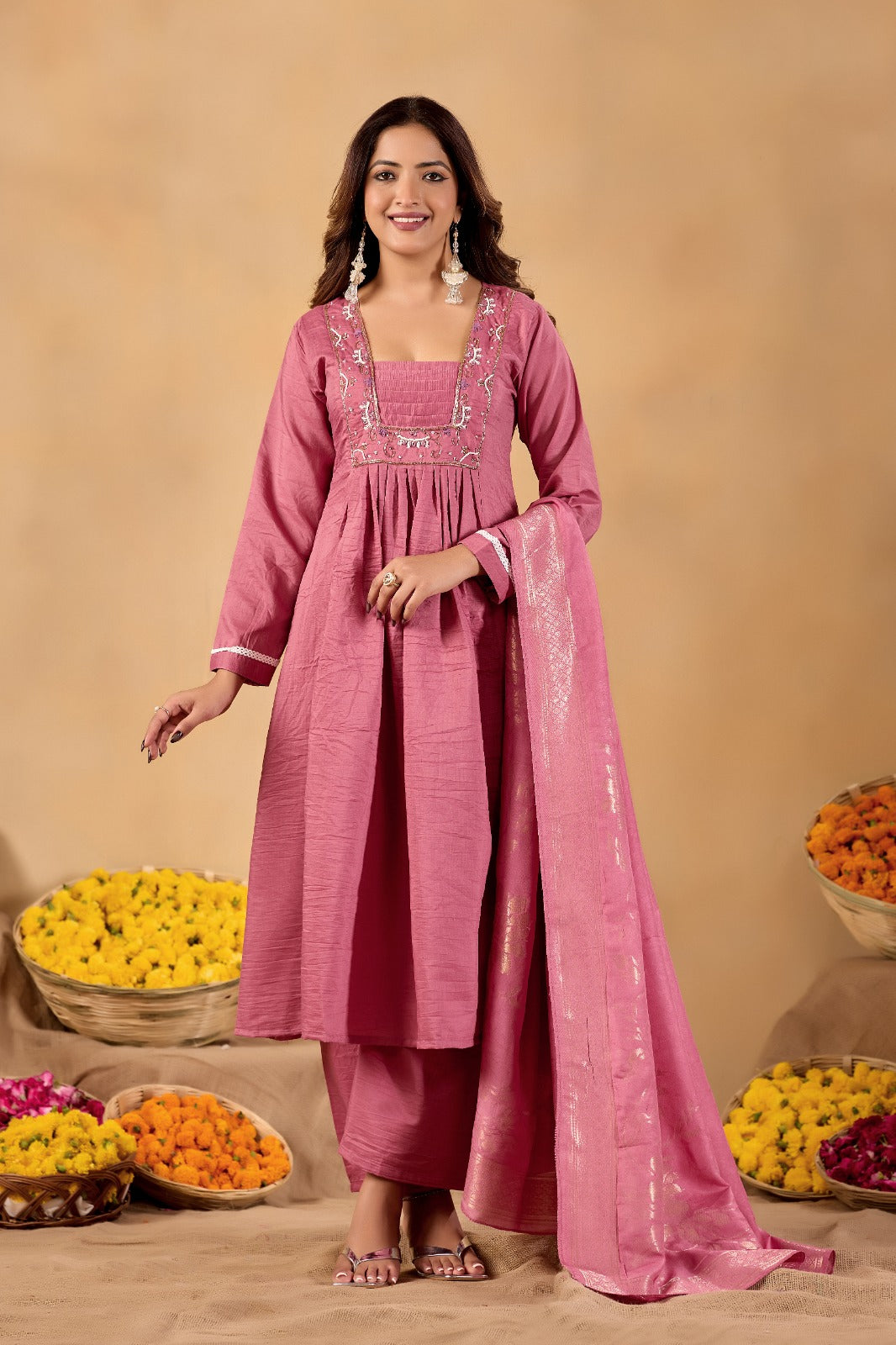 Rose Pink Parampara Cotton Kurta Palazzo Set with Jacquard Dupatta