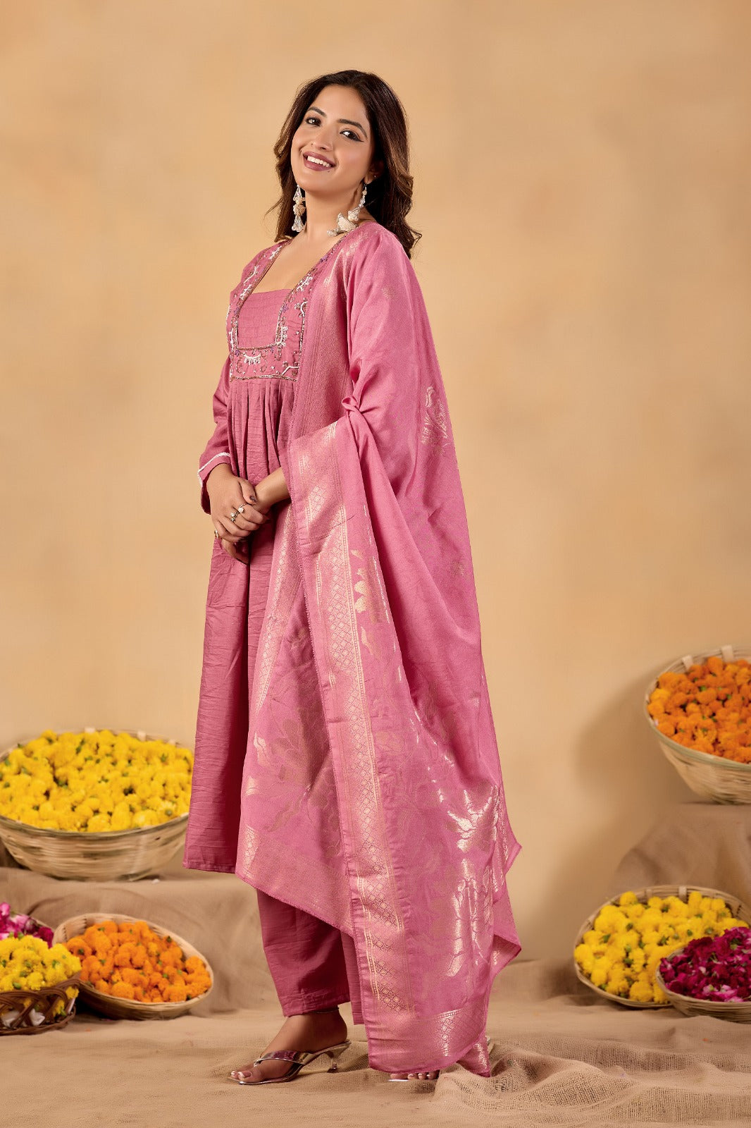 Rose Pink Parampara Cotton Kurta Palazzo Set with Jacquard Dupatta