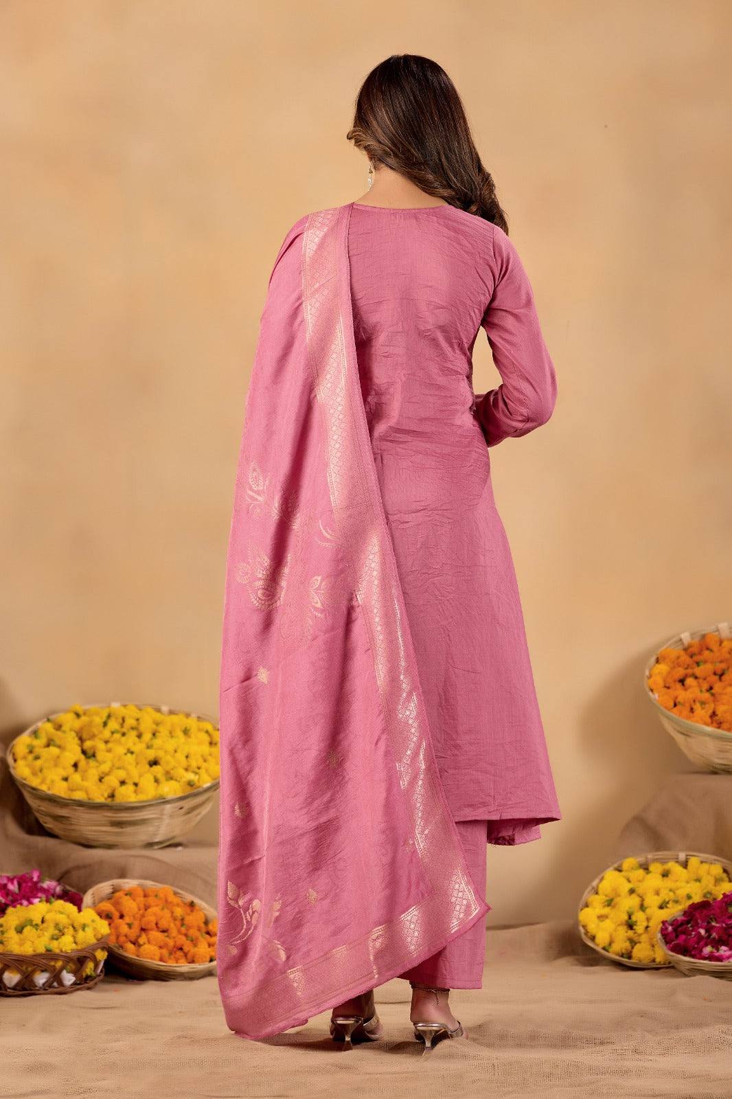 Rose Pink Parampara Cotton Kurta Palazzo Set with Jacquard Dupatta